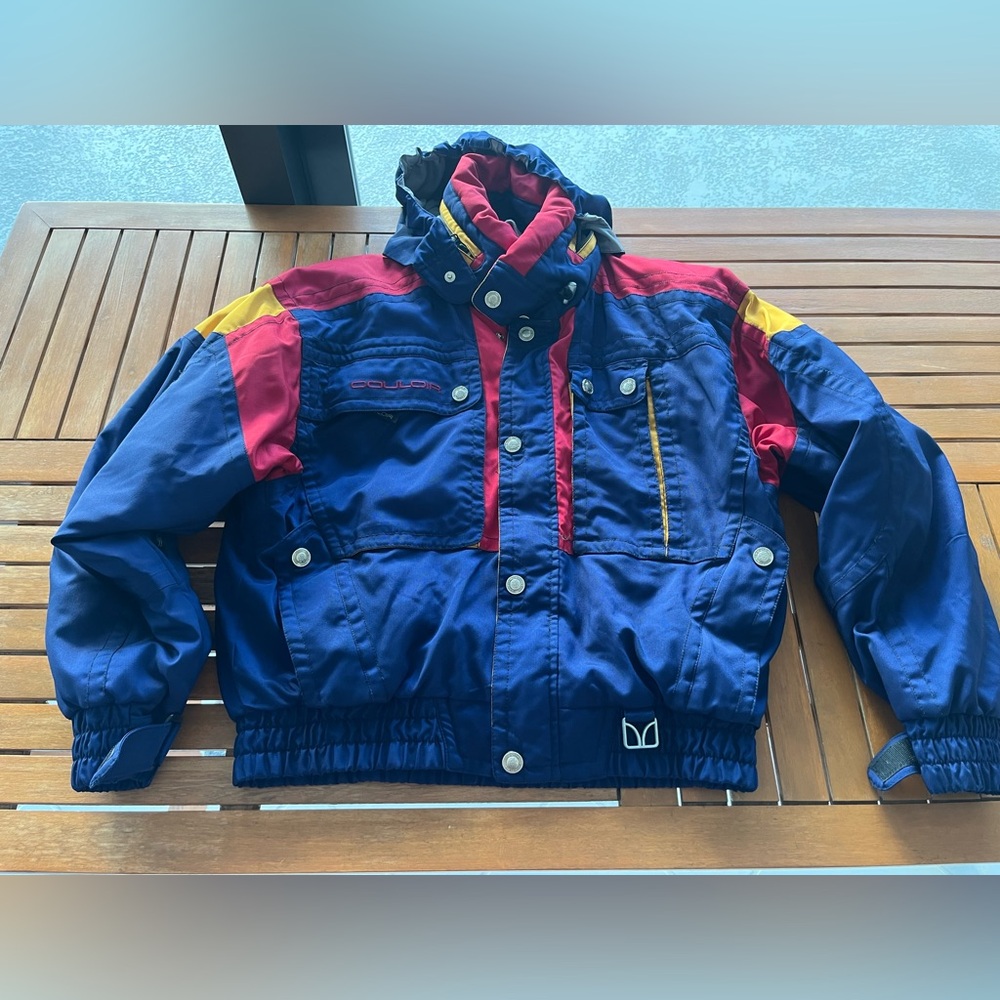 Couloir Ski Jacket Coat Hood 42 Blue Red Gold Yellow Color Block Vintage 80s